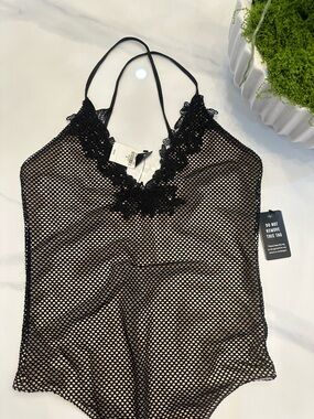 Express Black Mesh Lace-Trim Bodysuit